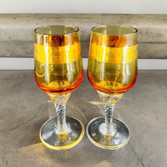 Vintage Czech Bohemian Small Goblet Drinking Glasses Set 2 Amber Clear Bottom - Picture 2 of 10